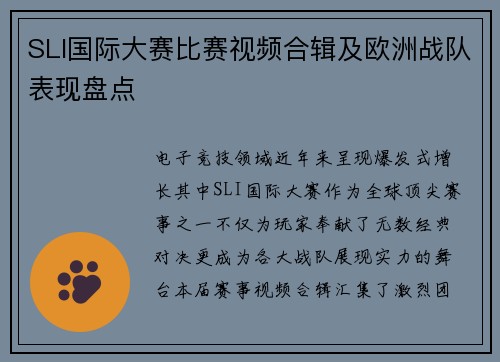 SLI国际大赛比赛视频合辑及欧洲战队表现盘点